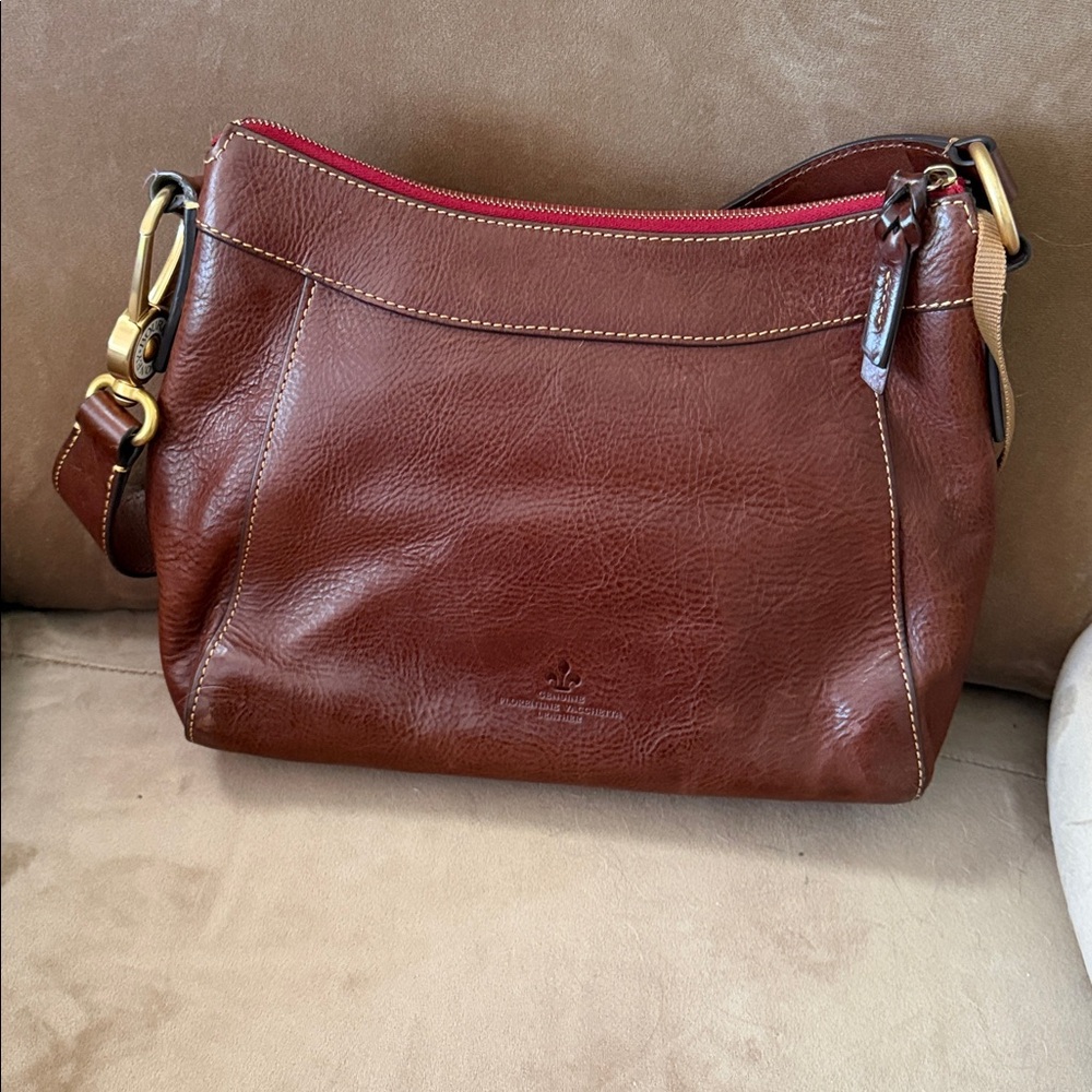 Dooney & Bourke Brown Leather Shoulder Bag with Red Zip Accent - Picture 2 of 4